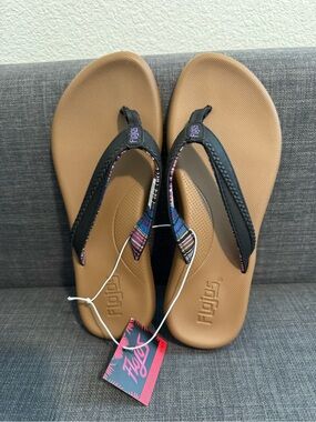 Flojos Women's Tan Footbed Flip Flop Sandals with Black Straps